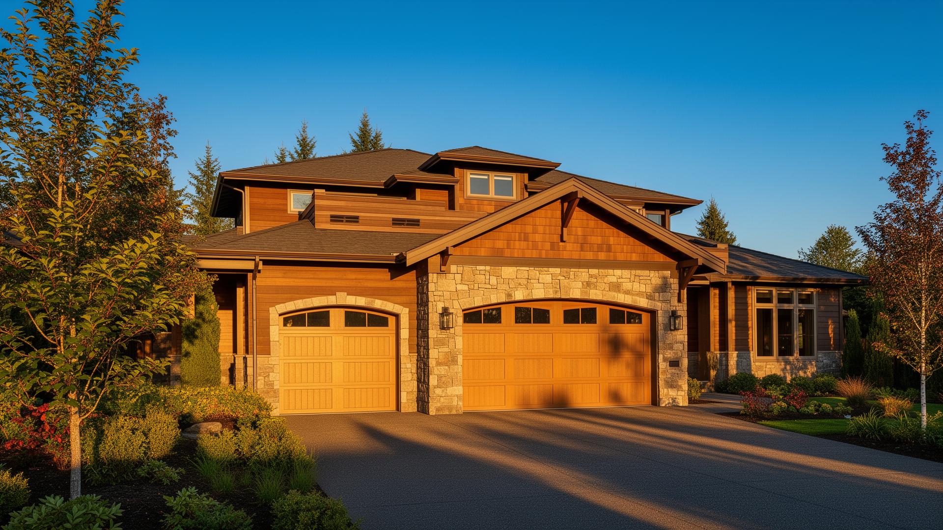 Beautiful Pacific Northwest home with Tuscan-inspired garage doors and stone surround