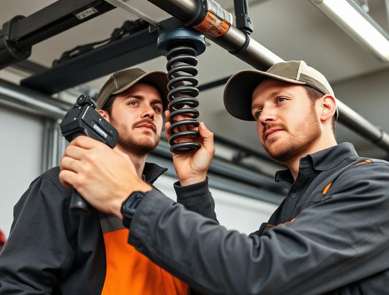 Skilled technician performing garage door maintenance